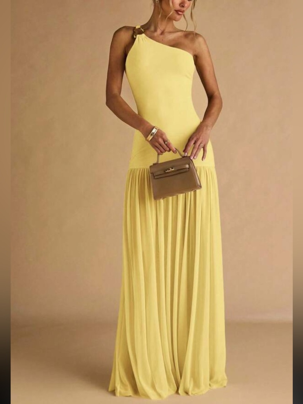 One Shoulder Lemon Yellow Maxi Dress - Picture 4 of 7